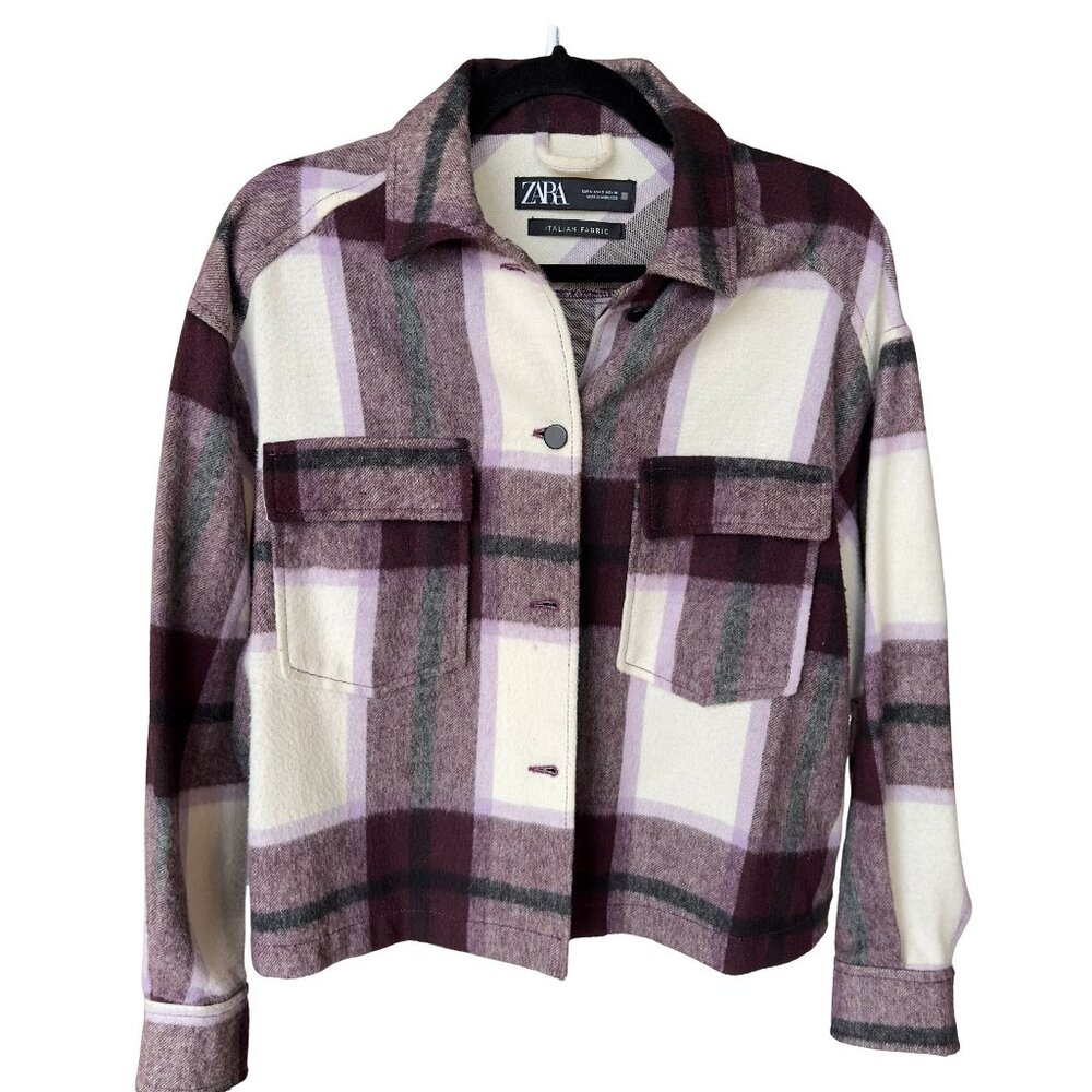 Zara Purple Check Plaid Wool-Blend Overshirt Shacket Jacket Size Small